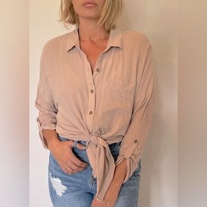Women beige button up tie front blouse